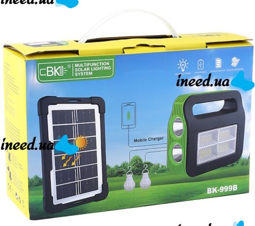 Автономная солнечная зарядная станция LED фонарь COBA CB-999B с 2 лампочками Power Bank, Прожектор и 2 лампочки с функцией повербанка Зеленый