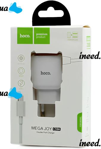 Сетевое зарядное устройство Hoco C59A 2USB адаптер USB с цельным кабелем MicroUSB блок питания на 2 порта для зарядки телефонов 15W 220V 2.4A Белый