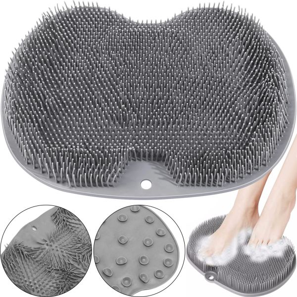 Силиконовый массажный коврик Чистюля щетка Shower Foot Scrubber Mat LY-379 Grey для спины и ног на присосках, Настенная нескользящая мочалка для душа Серая