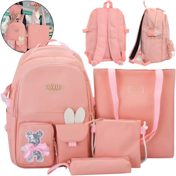 Школьный набор сумок Fashion SG5017 4 в 1 для девочек, подростковый комплект в школу, рюкзак на 16 л сумка шоппер пенал, ранец со значком Розовый