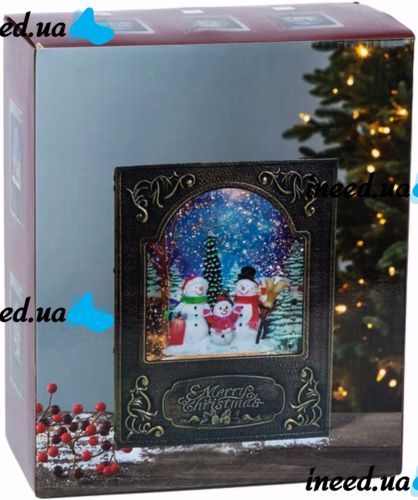 Нічник у формі різдвяної книги XMAS WDL 24023b Новорічний музичний світильник книжка з ефектом хуртовини і LED підсвічуванням на батарейках USB