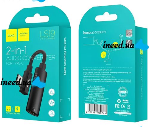 Перехідник Hoco LS19 2 в 1 Jack 3.5мм Type-C аудіо адаптер на 2 гнізда, конвертер для під'єднання зарядки та навушників до телефона Audio Converter
