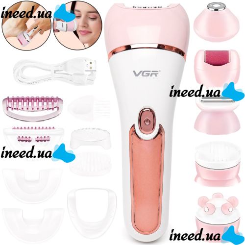 Wireless Epilator VGR V-733 6 in 1 5W Rechargeable Female Depilator with Backlight for Facial and Body Hair Removal with USB Nozzles Pink