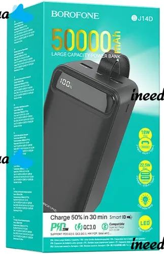 Зовнішній акумулятор Borofone Power Bank BJ14D 50000mah Black на 2 USB 22.5 W і USB-C 20W, УМБ Повербанк батарея з ремінцем для зарядки телефону Чорний