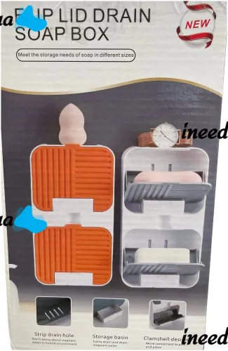 Wall-mounted Soap Organizer Flip Lid Drain Soap Box with 2 compartments with hinged lids, Double Hinged soap Dish with drain to the bathroom wall