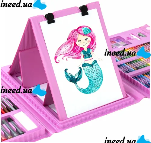 Children's Just Art drawing set for 208 items with an easel in a suitcase, an art set of paints for creativity in a Pink case