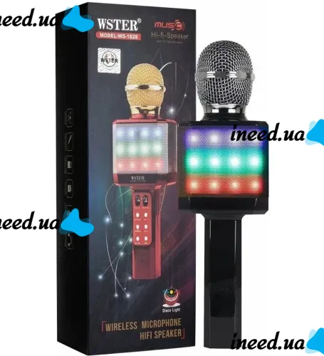 Бездротовий караоке мікрофон WSTER WS - 1828 Bluetooth USB AUX FM з вбудованою колонкою і 4 тембрами голосу на акумуляторі з динаміком Ws1828 Чорний