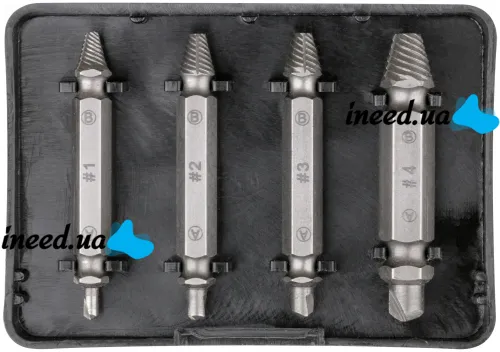 A set of Easy Out Tool S2 bit extractors 4 pcs in a box, double-sided nozzles for unscrewing broken, licked screws and bolts on a screwdriver