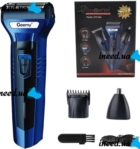 Gemei GM-566 3in1 Cordless Electric Shaver for Cutting Hair with Attachments Trimmer Clipper, Rechargeable Razor for Nose, Ears and eyebrows