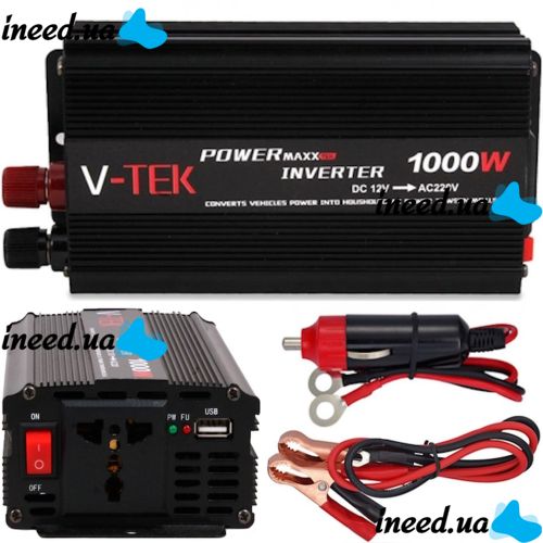 Автомобильный инвертор V-TEK PowerMaxx SSK-1000W 12V-220V, Авто преобразователь напряжения тока 12В 1000Вт от прикуривателя и аккумулятора Черный