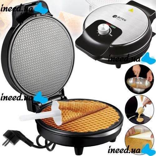 Bitek BT-2214 electric waffle maker for round waffles and thin tubes 3000W round electric waffle maker with non-stick coating from the mains Black