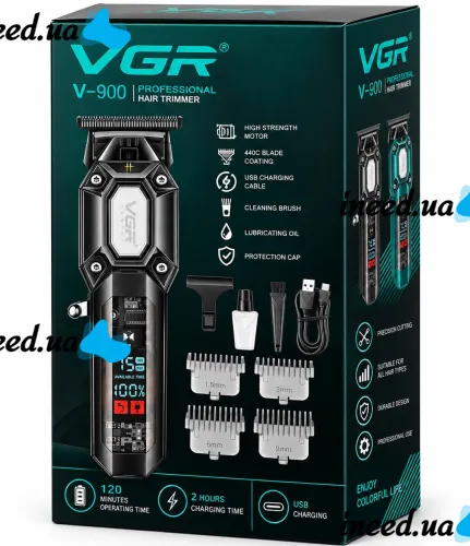 VGR V-900 5W Cordless Hair Clipper—a cordless men's trimmer for trimming beards and mustaches, featuring interchangeable attachments and a USB display