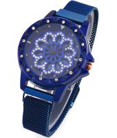 Жіночий наручний годинник Flower Diamond Rotation Watch Blue WJ-8052 з обертовим круглим роторним циферблатом і ремінцем на магнітній застібці Сині