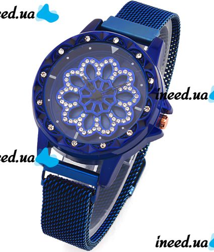 Жіночий наручний годинник Flower Diamond Rotation Watch Blue WJ-8052 з обертовим круглим роторним циферблатом і ремінцем на магнітній застібці Сині