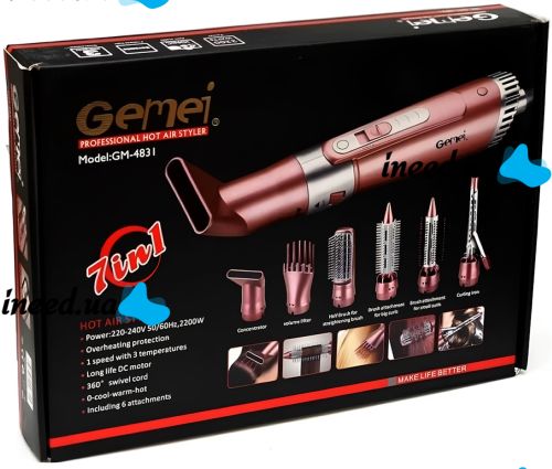 Gemei GM-4831 7 in 1 styling multistyler hair dryer brush with attachments 2200W flat iron curling tongs Gemmy for drying, curling, straightening and volumizing hair Pink