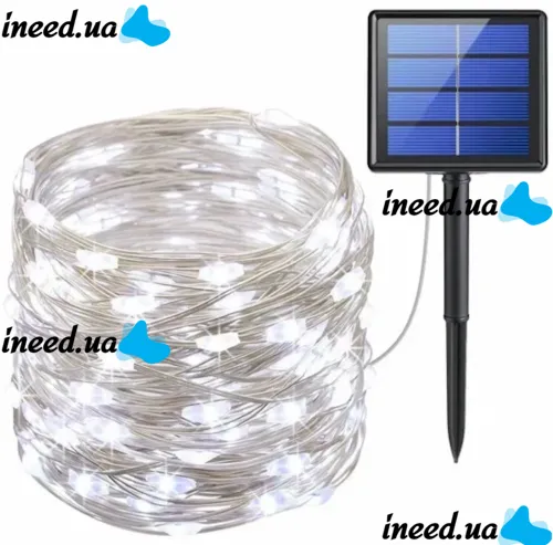 Уличная светодиодная гирлянда Solar String Lights LS48-100W 12 метров 100 LED диодов Холодный белый Роса Cool light с солнечной панелью для деревьев и веранд
