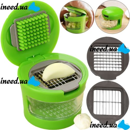 Ручний прес подрібнювач часнику Garlic Chopper кухонна чеснокодавка для дрібних продуктів, часничниця зі знімним контейнером і насадками Зелена
