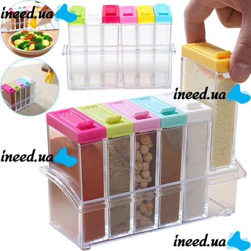 Набір контейнерів для спецій Seasoning Six Piece Set 6 штук набір прозорих ємностей, кухонний органайзер для зберігання сипучих приправ на підставці