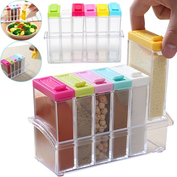 Набор контейнеров для специй Seasoning Six Piece Set 6 штук набор прозрачных емкостей, кухонный органайзер для хранения сыпучих приправ на подставке