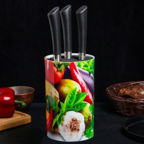 Настольная подставка для ножей 14 см Universal Knife Holder круглая с черным наполнителем из полипропиленового волокна на кухню 90*90*140 мм