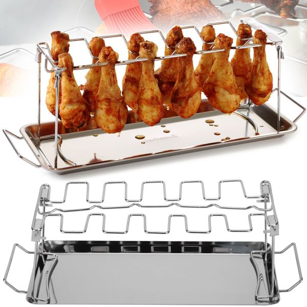 Подставка для приготовления куриных ножек A-Plus Barbecude KF-0982 универсальная стойка с поддоном для духовки и гриля, решетка из нержавеющей стали
