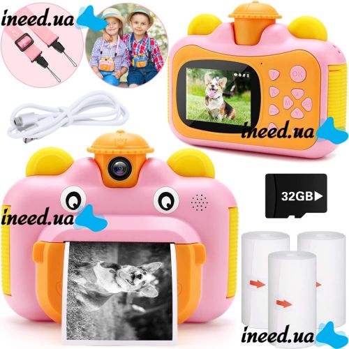 Дитячий фотоапарат з миттєвим друком фото Kids Print Camera Pink цифрова камера Полароїд на акумуляторі для дітей від 6 років 12МП 1080HD рожева