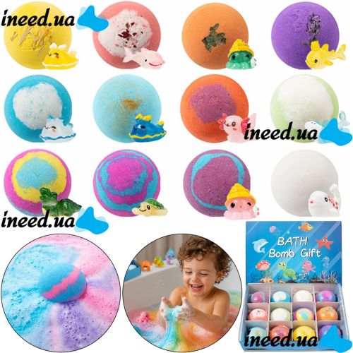 Подарочный набор бомбочек Bath Bomb Gift 12 штук для ванны с игрушкой сюрпризом, детские спа бомбочки шарики Морские жители для ванной с игрушками