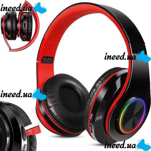 Бездротові накладні навушники Bluetooth B39 Black з мікрофоном підтримкою TF-карти і LED підсвічуванням SD AUX блютуз стерео навушники чорно-червоні