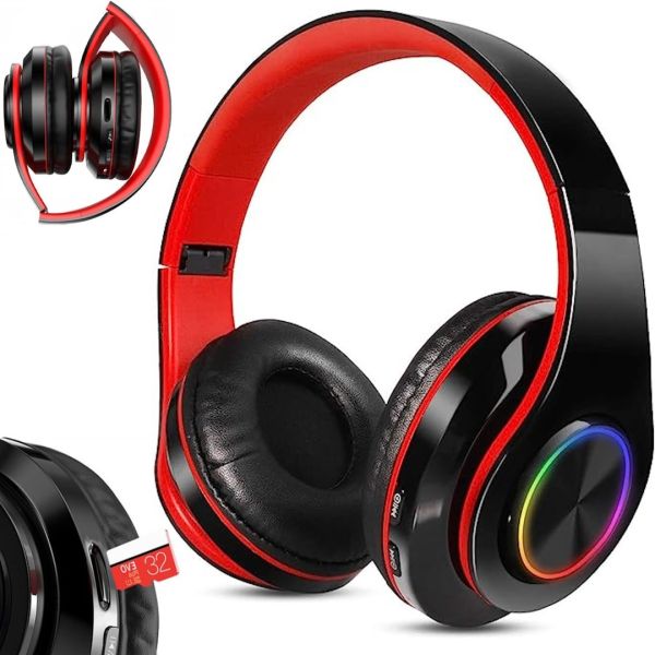 Беспроводные накладные наушники Bluetooth B39 Black с микрофоном поддержкой TF-карты и LED подсветкой SD AUX блютуз стерео наушники Черно-красные
