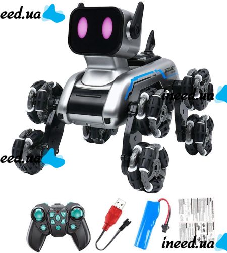 Трюкова собака робот Champions Stunt Robot Dog восьмиколісний щеня зі звуковими і світловими ефектами на радіокеруванні пультом і жестами USB