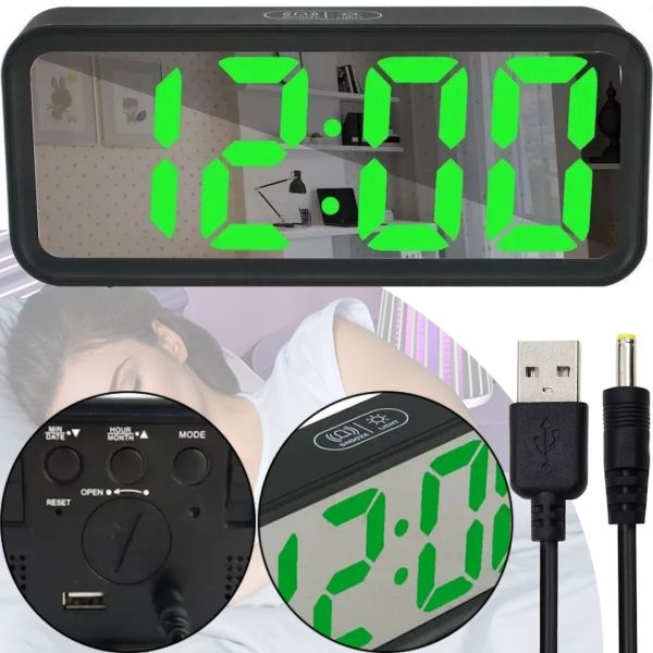 Электронные настольные часы Clock DT-6508 с зеленой LED подсветкой с будильником, датой и термометром, Светодиодные зеленые с USB от сети