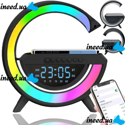 Настільна смарт лампа нічник 4 в 1 RGB BT-3401 акумуляторний з бездротовою зарядкою 15W і Bluetooth колонкою, світлова звукова колонка Чорна