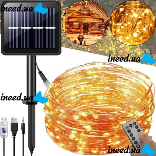 Уличная светодиодная гирлянда Solar String Lights 22 метра 200 LED диодов Теплый белый Роса Warm light с солнечной панелью для деревьев и веранд