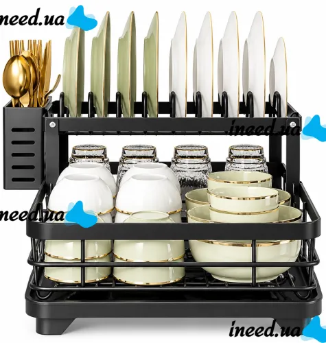 BauTech MA-336 Two-Tier Dish Dryer: Countertop Organizer with Automatic Drain Tray, 2-Tier Rack for Drying and Storage
