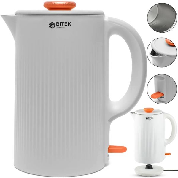 Электрический дисковый чайник Bitek BT-7848W на 2 л 1500W настольный кухонный электрочайник Битек BT7848W с автоотключением и поворотом на 360° Белый