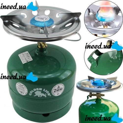 Golden Lion Rudyy SB-605 tourist gas cylinder with a burner of 8 liters 3kg, Household Propane cylinder with piezo ignition and handle GL-2 PK-605 Green