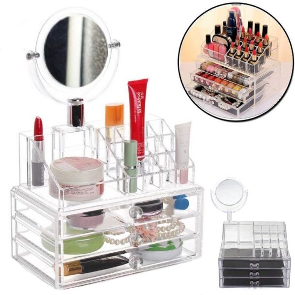 Desktop Acrylic Organizer Cosmetic Box CX-8702 with mirror for cosmetics and small items JN-870, Cosmetic box with drawers JN-878