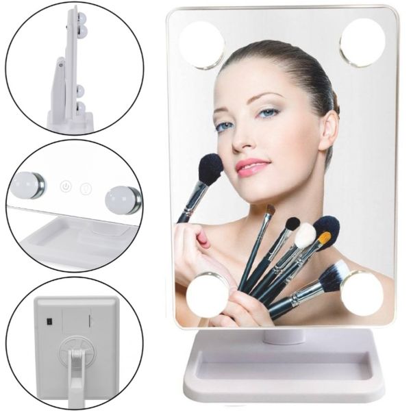 Настольное косметическое зеркало Cosmetie mirror 360 Rotation Angel с LED подсветкой для макияжа, Компактное прямоугольное сенсорное зеркало Белое