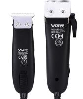 A set of two VGR V-023 2-in-1 rechargeable hair and beard clippers, a wired trimmer with a set of removable attachments in the V023 bag