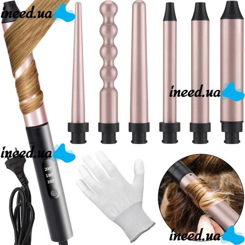 Curling Iron Styler Professional Beauty PB-51 20W 6 in 1 Professional Curling and Curling Irons with Interchangeable Nozzles Black