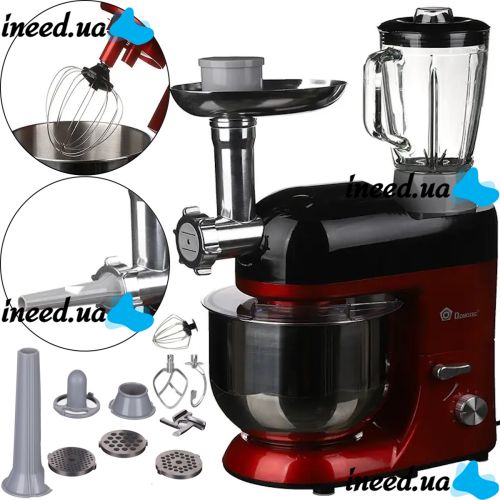 Stationary planetary harvester dough mixer Domotec MS-2052 with a metal bowl for 4 liters 3500W, Kitchen mixer meat grinder blender with nozzles Red