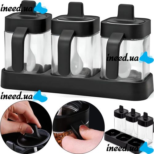Набір контейнерів баночок Seasoning bottle set XL-730 3 відсіки по 400 мл для зберігання приправ і спецій, Комплект ємностей з кришками і ложками