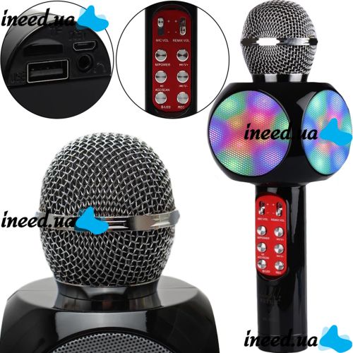 Беспроводной караоке микрофон WSTER WS-1816 Bluetooth USB AUX FM со встроенной колонкой и 4 тембрами голоса на аккумуляторе с динамиком WS1816 Черный