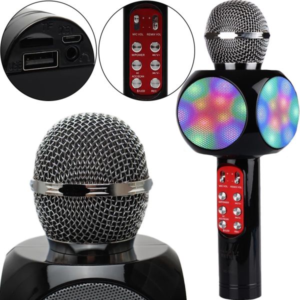 Wireless Karaoke Microphone WSTER WS-1816 Bluetooth USB AUX FM with Built-in Speaker and 4 Timbres of Voice on Battery with Speaker WS1816 Black