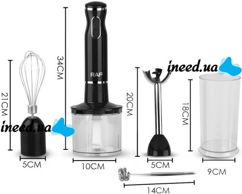 Погружной кухонный блендер Raf R.314B Blender Set 5 в 1 800W электрический ручной миксер измельчитель с венчиком, мерным стаканом и насадками R-314B