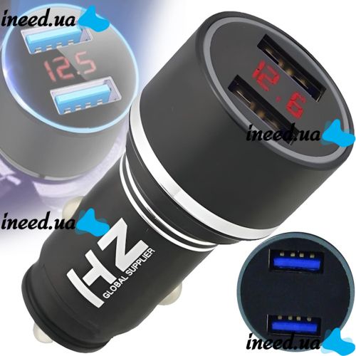 Автомобільний зарядний пристрій з вольтметром Car Charger HZ HC7 3.1 A, Адаптер для зарядки 2xUSB в прикурювач, Автозарядка з екраном Чорний