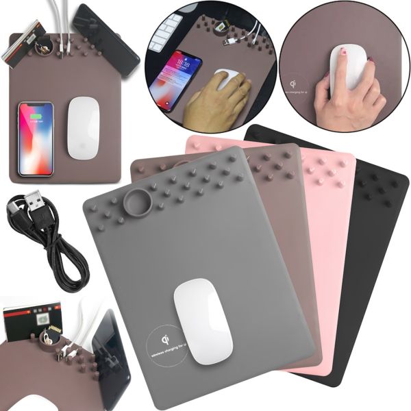 Коврик для мыши с беспроводной зарядкой Wireless Charging Mouse Pad RK800 игровая поверхность Qi для мышки с органайзером для визиток и проводов 