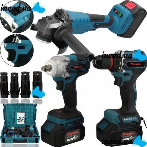 Акумуляторний набір Makita 3в1 Гайковерт DTW385 шуруповерт DTW488 Кутова шліфувальна болгарка DGA506Z Макіта 48V 5Ah з 2 акумуляторами в кейсі