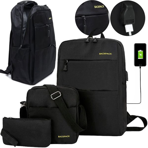 Городской набор сумок 3 в 1 Backpack 9018 рюкзак для ноутбука 15", сумка через плечо и кошелек на молнии с USB портом для наушников 42х33 см Черный