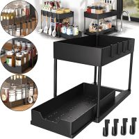 Стелаж для зберігання Kitchen Storage Rack W516 дворівнева Полиця органайзер для кухонного приладдя з висувним ящиком і гачками Чорний
